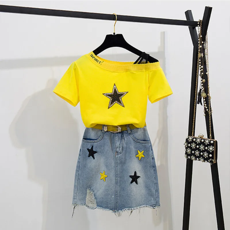 New 2019 Summer Short sleeves Five-Pointed Star Skirt T-shirt 2 Piece Set Women Denim Short Skirts Plus Size 2Pcs Set
New 2019 Summer Short sleeves Five-Pointed Star Skirt T-shirt 2 Piece Set Women Denim Short Skirts Plus Size 2Pcs Set