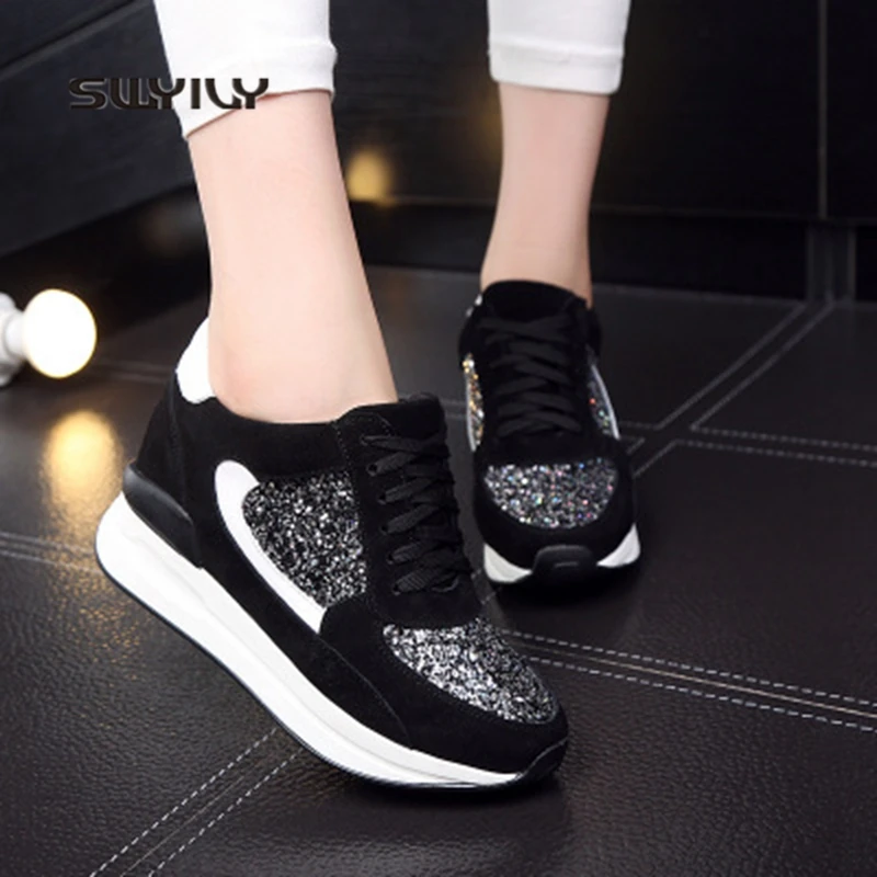 2016 Wedge 8CM Height Increasing Women Walking Shoes Leather Thick Soles Sequin Lacing Women Sports Shoes Mixed Color Sneakers
2016 Wedge 8CM Height Increasing Women Walking Shoes Leather Thick Soles Sequin Lacing Women Sports Shoes Mixed Color Sneakers