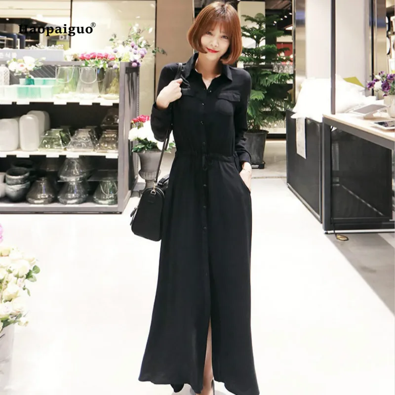Plus Size Solid Loose Dress Women Summer Black Full Sleeve Turn-down Collar Ankle-length Casual Shirt Dress Office Lady Dresses
Plus Size Solid Loose Dress Women Summer Black Full Sleeve Turn-down Collar Ankle-length Casual Shirt Dress Office Lady Dresses