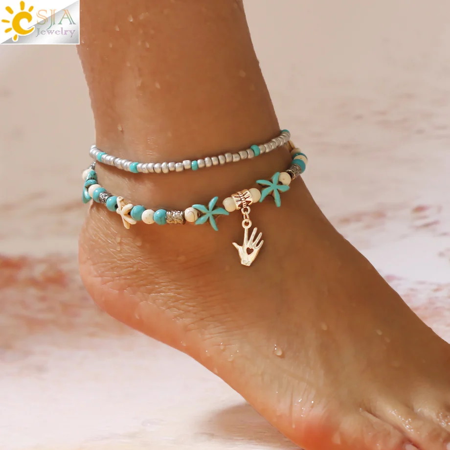 CSJA Trendy Anklets for Girlfriend Double Beaded Starfish Shell Heart Hand Charms Anklet Summer Foot Chain Jewelry Cheville F892 | Украшения