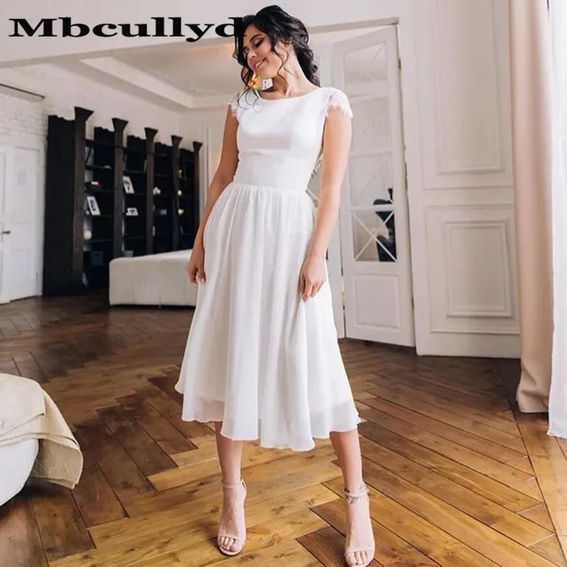 Mbcully Simple Beach Wedding Dresses 2020 Elegant Lace Applique Mid Calf A-line Short Backless Chiffon Bridal Gowns | Свадьбы и