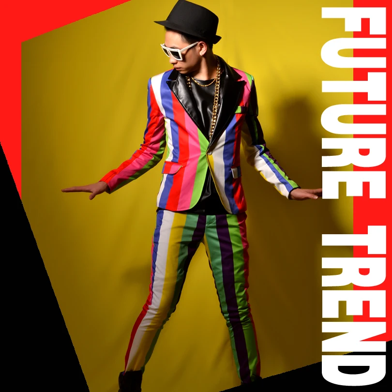 2019 New Men's clothing fashion slim DJ Colorful stripe suit Men plus size Slim formal dress singer costumes S-5XL
2019 New Men's clothing fashion slim DJ Colorful stripe suit Men plus size Slim formal dress singer costumes S-5XL
