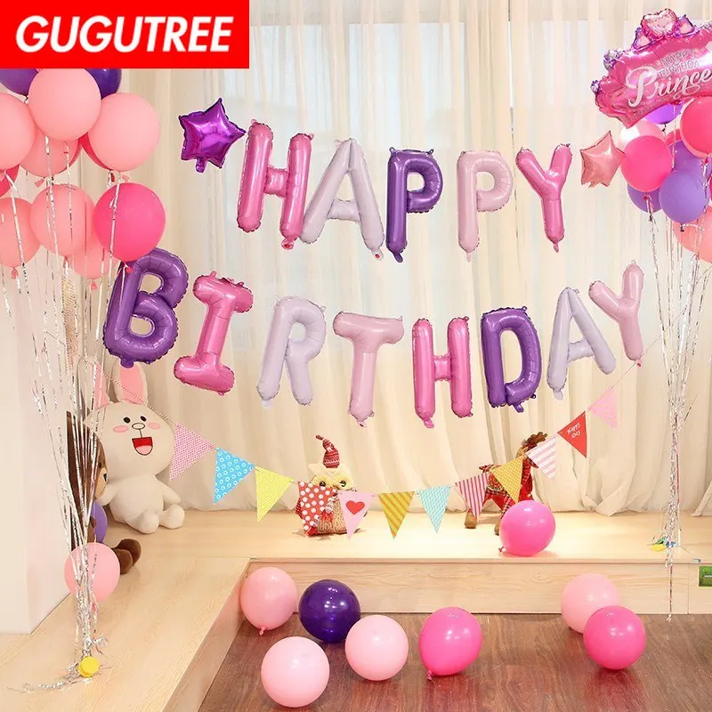 

GUGUTREE PARTY one set pink white purple latex foil ballon Banners Paper flowers tassels Streamers happy birthday party PD-30