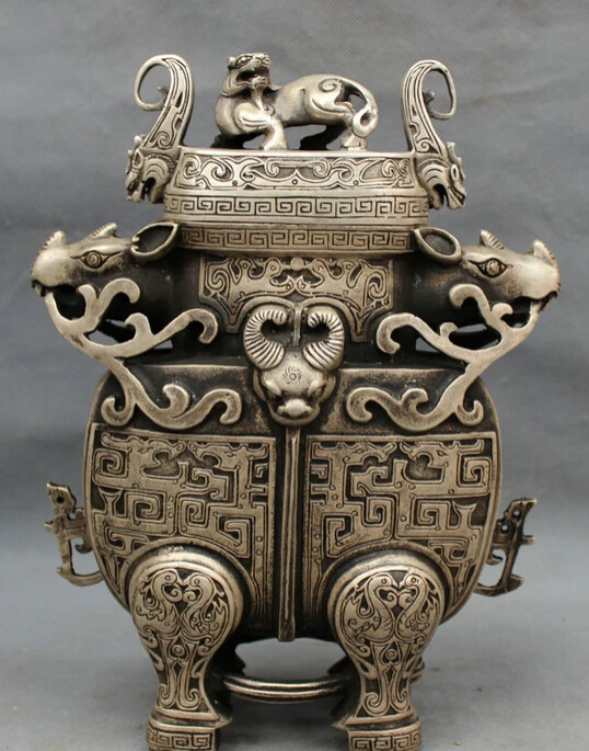 S3503 10" Tibet Silver Royal Palace PiXiu Dragon Head Sheep Bull Ox Zun Statue Box Pot D0318
S3503 10" Tibet Silver Royal Palace PiXiu Dragon Head Sheep Bull Ox Zun Statue Box Pot D0318
