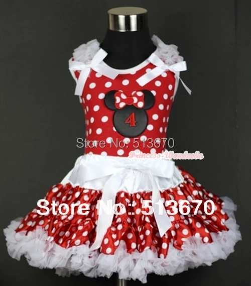 

Minnie Dots 4th Birthday Number Minnie Print Tank Top with White Ruffles & White Bow & White Minnie Dots Pettiskirt MAMH071