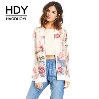 

HDY Haoduoyi Brand Sheerness Floral Print Zipper Contrast Jackets Patchwork Female Casual Chiffon Coats Long Sleeve Outwears