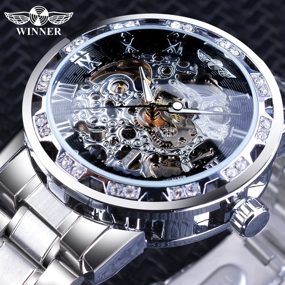 Фото Победитель роскошный Алмазный дизайн черный скелет часы серебро - купить
