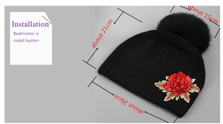 Xthree Female winter hat fashion embroidery knitted beanie hat for women real fox fur pom pom wool hat Skullie hat girls gorro 17