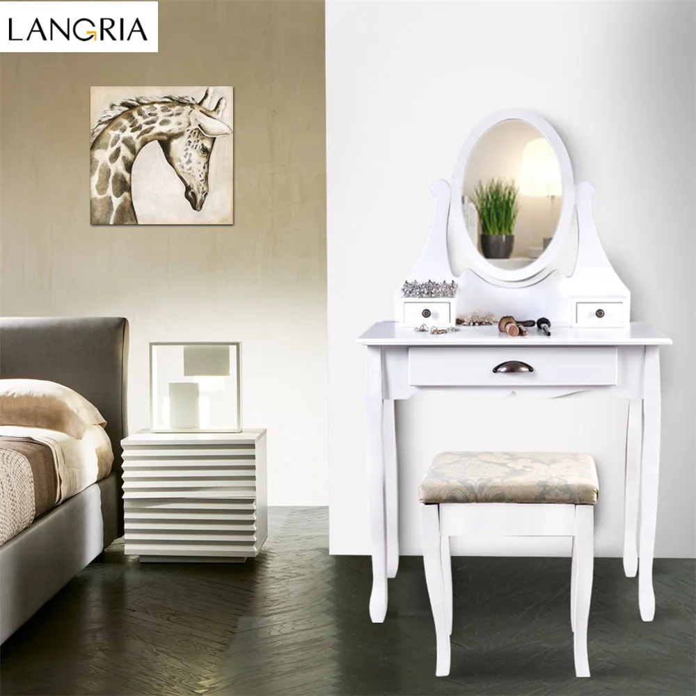 LANGRIA Makeup Dressing Table Vanity and Stool Set with Adjustable Swivel Oval Mirror, 3 Drawers and Curved Solid Rubberwood Leg
LANGRIA Makeup Dressing Table Vanity and Stool Set with Adjustable Swivel Oval Mirror, 3 Drawers and Curved Solid Rubberwood Leg