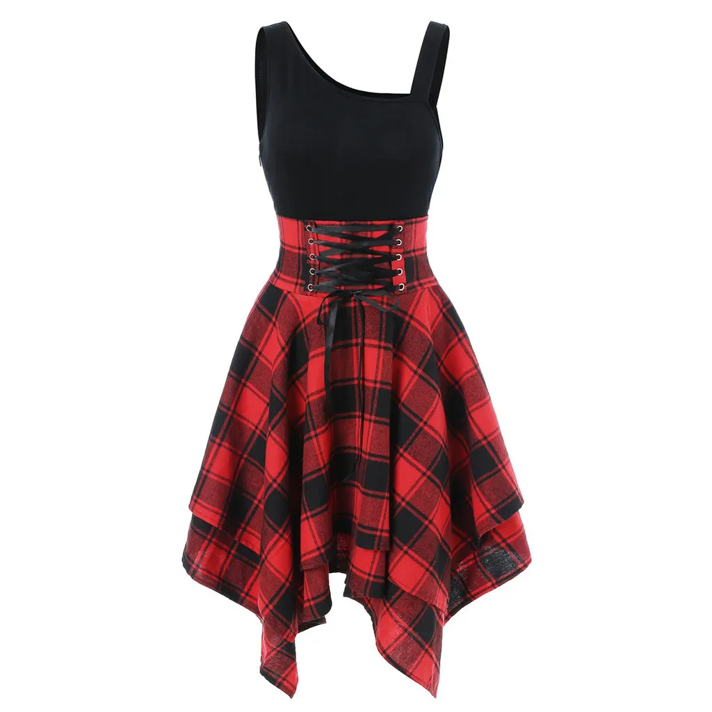 Fashion Women Sleeveless Cold Shoulder Cross Lace Up Plaid Print Irregular Dress colorful comfortable breathe fashion saia#X
Fashion Women Sleeveless Cold Shoulder Cross Lace Up Plaid Print Irregular Dress colorful comfortable breathe fashion saia#X