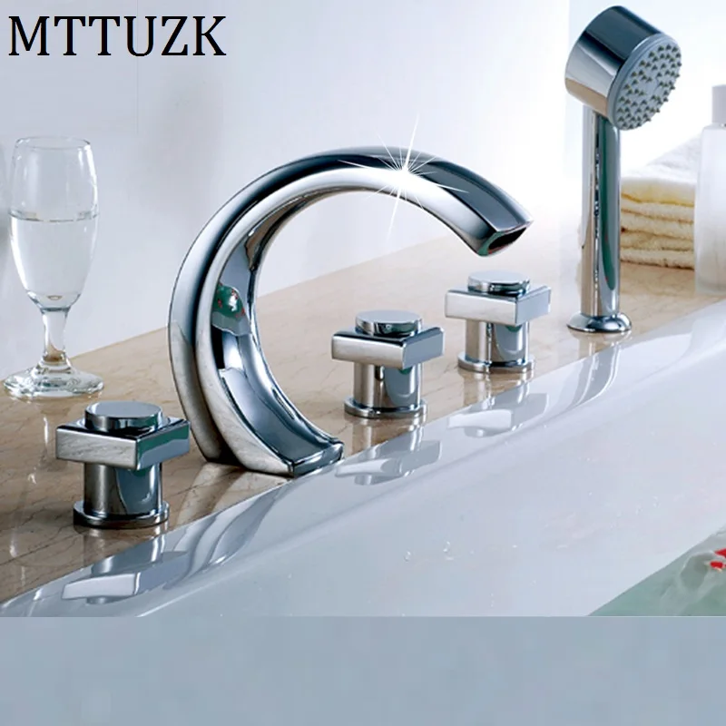 

MTTUZK Brass Material Chrome Finish Bathroom Faucet Bathtub Waterfall Bath Tub Mixer with Hand Shower 3 handle 5 hole Tub Faucet