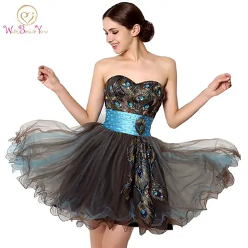 

100% Real Images Cheap Party Dresses Short Chocolate Ball Gown Cocktail Dresses Crystal Short Peacock Cocktail Gowns