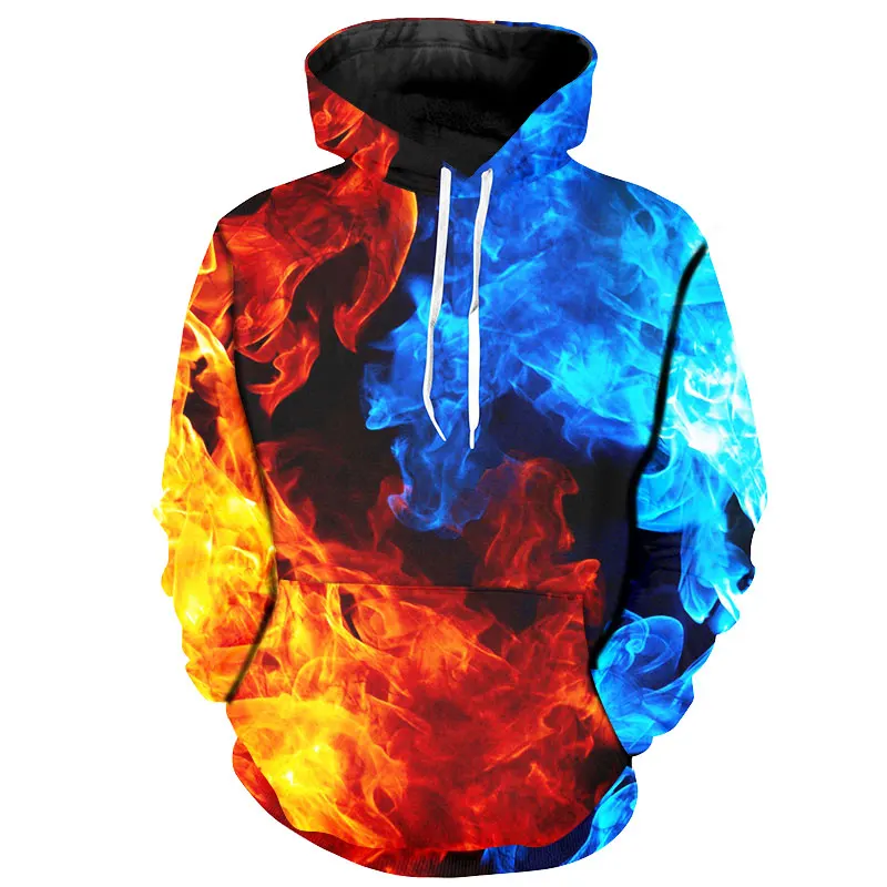 3d color block fire printed long sleeve hoodie