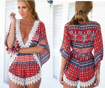 

Fashion Beach Wear Lace Floral Shorts Jumpsuits Playsuit Irregular Crochet Sexy Elegant V-neck Rompers