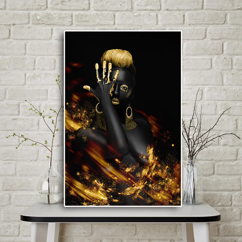 

African Nude Woman Indian Black and Gold Oil Painting on Canvas Posters and Prints Scandinavian Wall Art Picture for Living Room