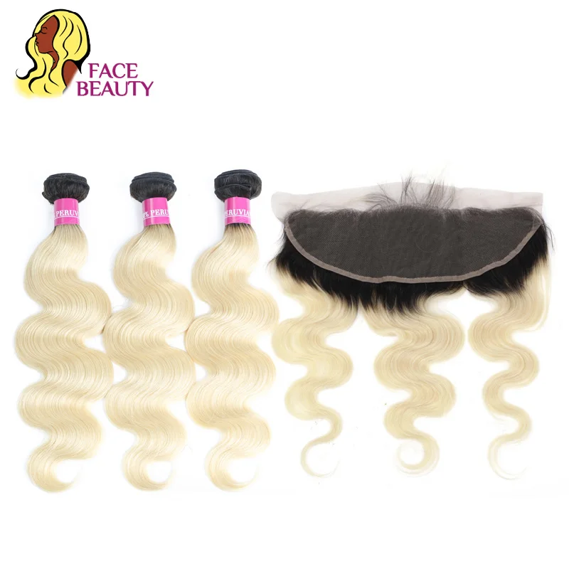 

Facebeauty Peruvian Remy Body Wave Human Hair 1B/613 2 Tone Dark Roots Ombre Blonde 2/3/4 Bundle with 13x4 Lace Closure Frontal