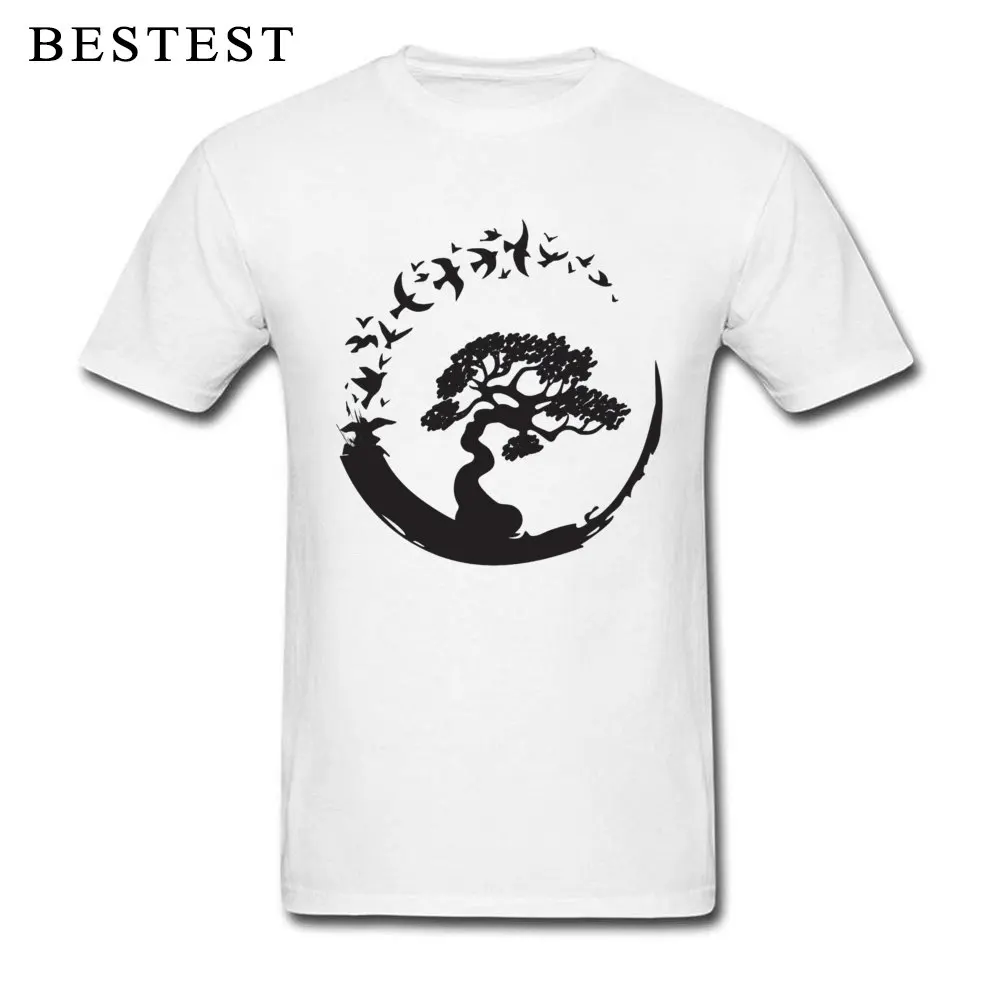 Printing Men Prevalent Normal Tees Round Collar Father Day All Cotton T-Shirt Leisure Short Sleeve T Shirts Wholesale Bonsai Tree in Enso Circle Birds 20227 white