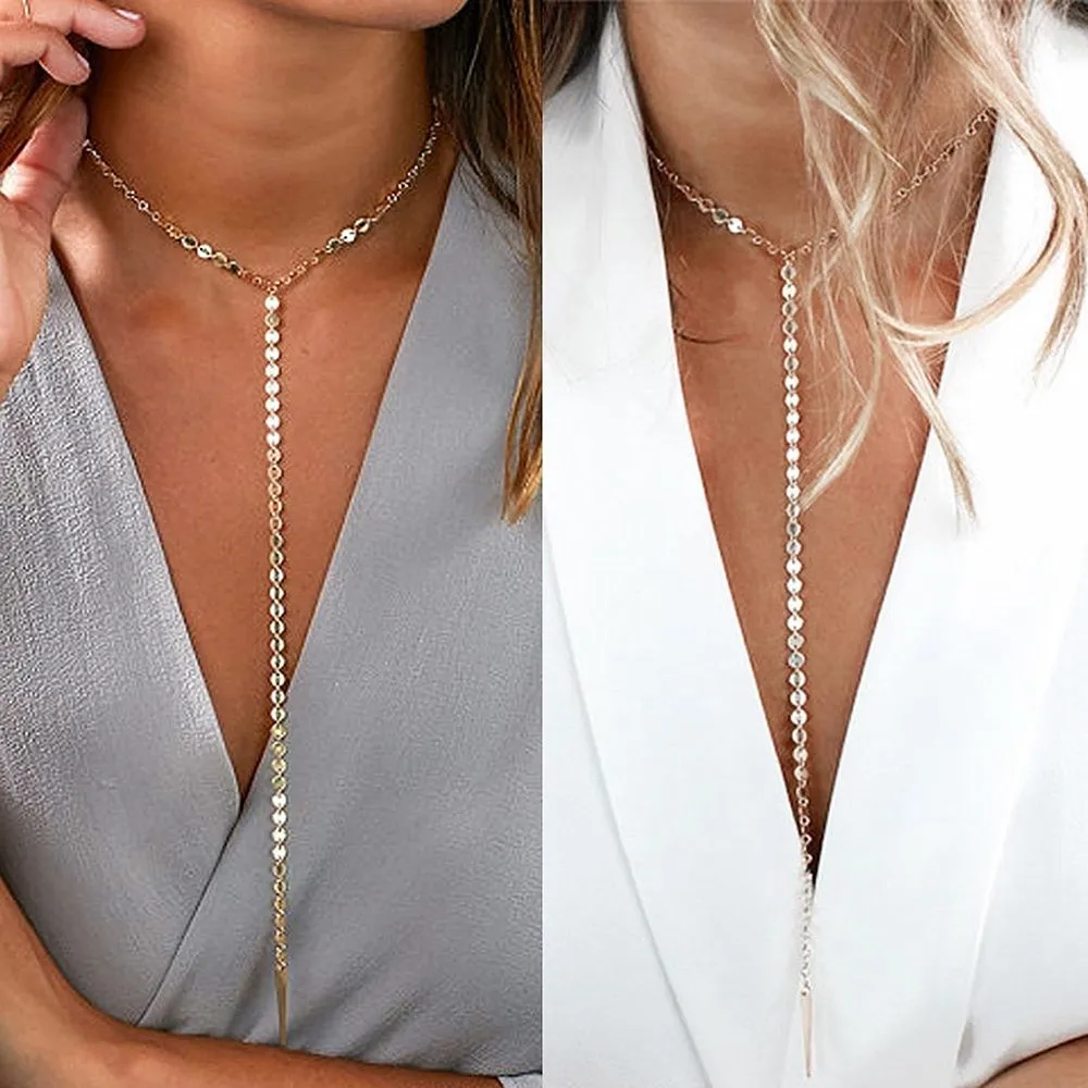 New Style Fashion Metal Sequins Long Cone Pendant Simple Chain Necklace Women Lady Party Jewelry Gift Bib Necklace
New Style Fashion Metal Sequins Long Cone Pendant Simple Chain Necklace Women Lady Party Jewelry Gift Bib Necklace