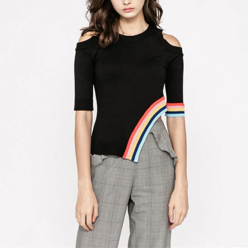 Cold Shoulder Top Women 2019 Summer Half Sleeve Off The Shoulder Knit Shirt Rainbow Irregular Black White Pullover Shirts Tees
Cold Shoulder Top Women 2019 Summer Half Sleeve Off The Shoulder Knit Shirt Rainbow Irregular Black White Pullover Shirts Tees