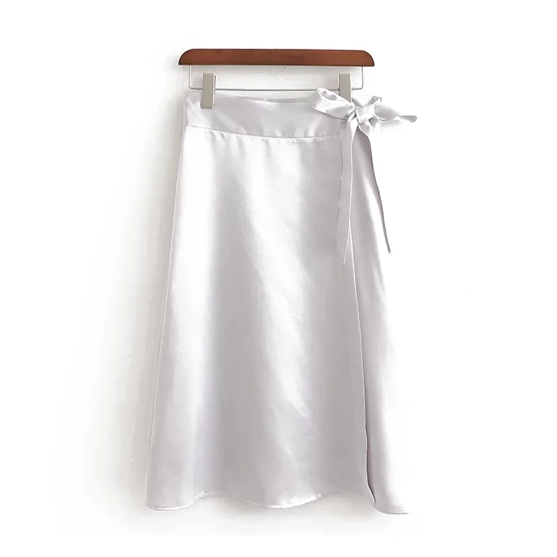 New Silver Stain Midi Skirts Women 2019 Spring-Autumn High Waist Bow Ladies Elegant Split faldas jupe femme girls clothes | Женская