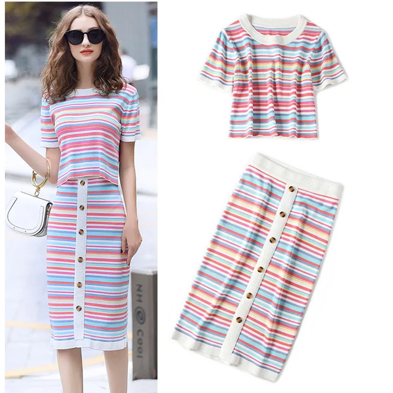 Two Piece Skirt Set Summer New Casual Colorful Stripes Knitted Female Pullovers + Knee Length Cotton Skirt Suits NS661
Two Piece Skirt Set Summer New Casual Colorful Stripes Knitted Female Pullovers + Knee Length Cotton Skirt Suits NS661