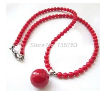 

Bridal Women's Lovely Charming Jewelry natural 6mm red coral rounds beads necklace 14mm sea shell pearl pendant AAA