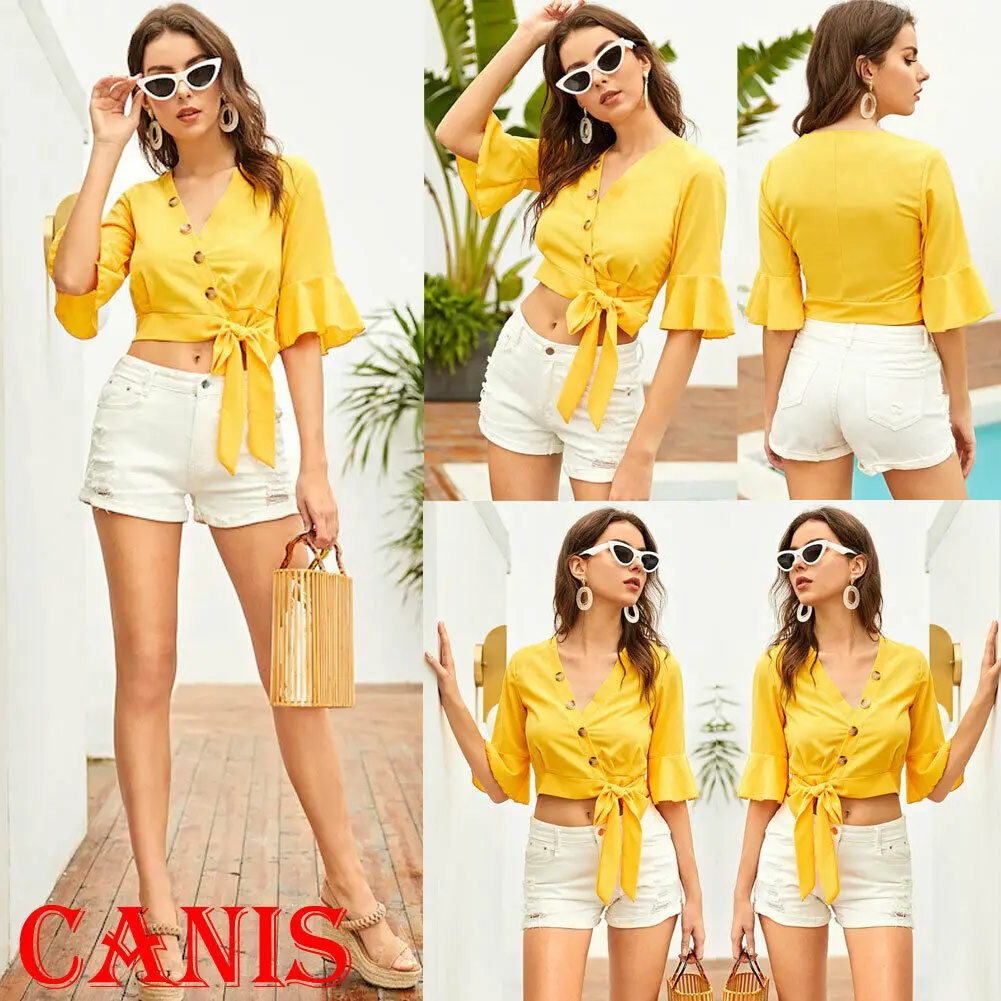 Boho V-neck Women High Waist Short Bell Sleeve T-Shirt Solid Ladies Summer Casual Tops Blouse Five-Point Sleeve Shirts
Boho V-neck Women High Waist Short Bell Sleeve T-Shirt Solid Ladies Summer Casual Tops Blouse Five-Point Sleeve Shirts