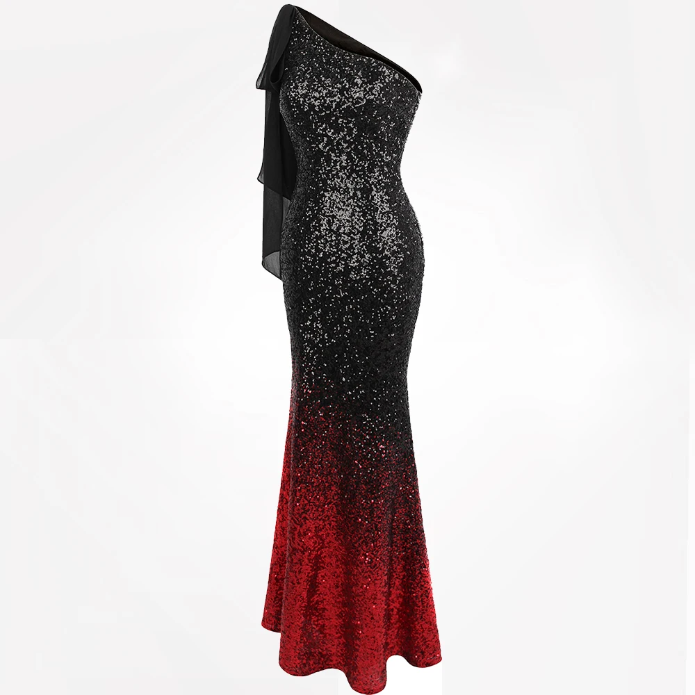 Женское платье на одно плечо Angel fashions черно красное с градиентными блестками и
