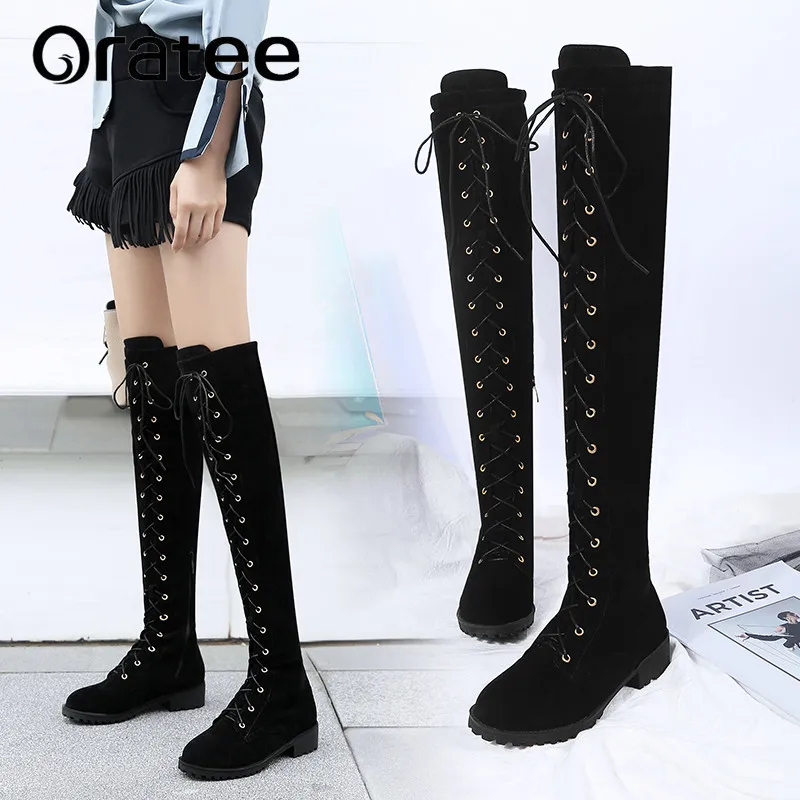 Sexy Lace Up Over Knee Boots Women Boots Flats Shoes Woman Square Heel Rubber Flock Boots Botas Winter Thigh High Boots 33-43
Sexy Lace Up Over Knee Boots Women Boots Flats Shoes Woman Square Heel Rubber Flock Boots Botas Winter Thigh High Boots 33-43