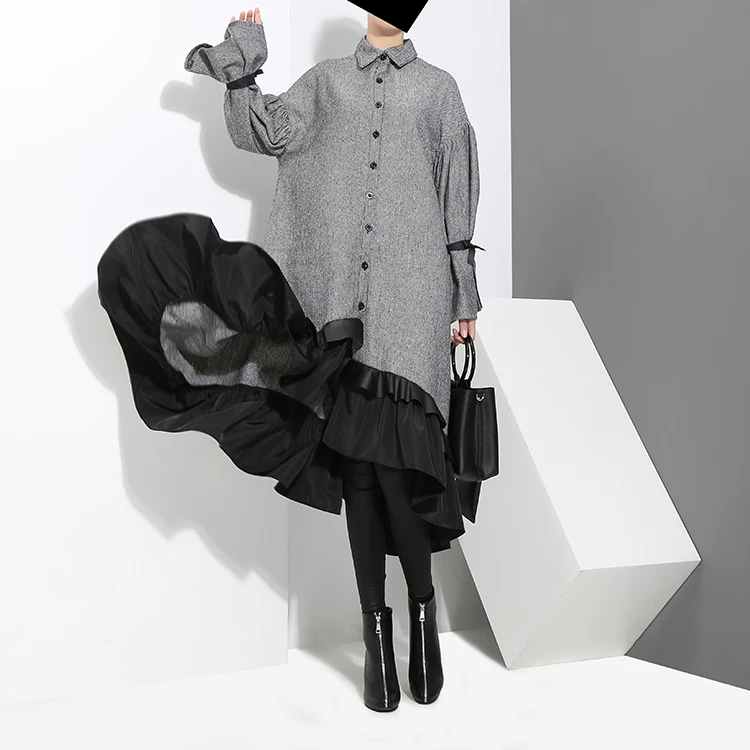 2020 Autumn Winter Women Plus Size Gray Shirt Dress Midi Long Sleeve Patchwork Thick Warm Ruffled Elegant Party Dress Style 3073 2020 Autumn Winter Women Plus Size Gray Shirt Dress Midi Long Sleeve Patchwork Thick Warm Ruffled Elegant Party Dress Style 3073