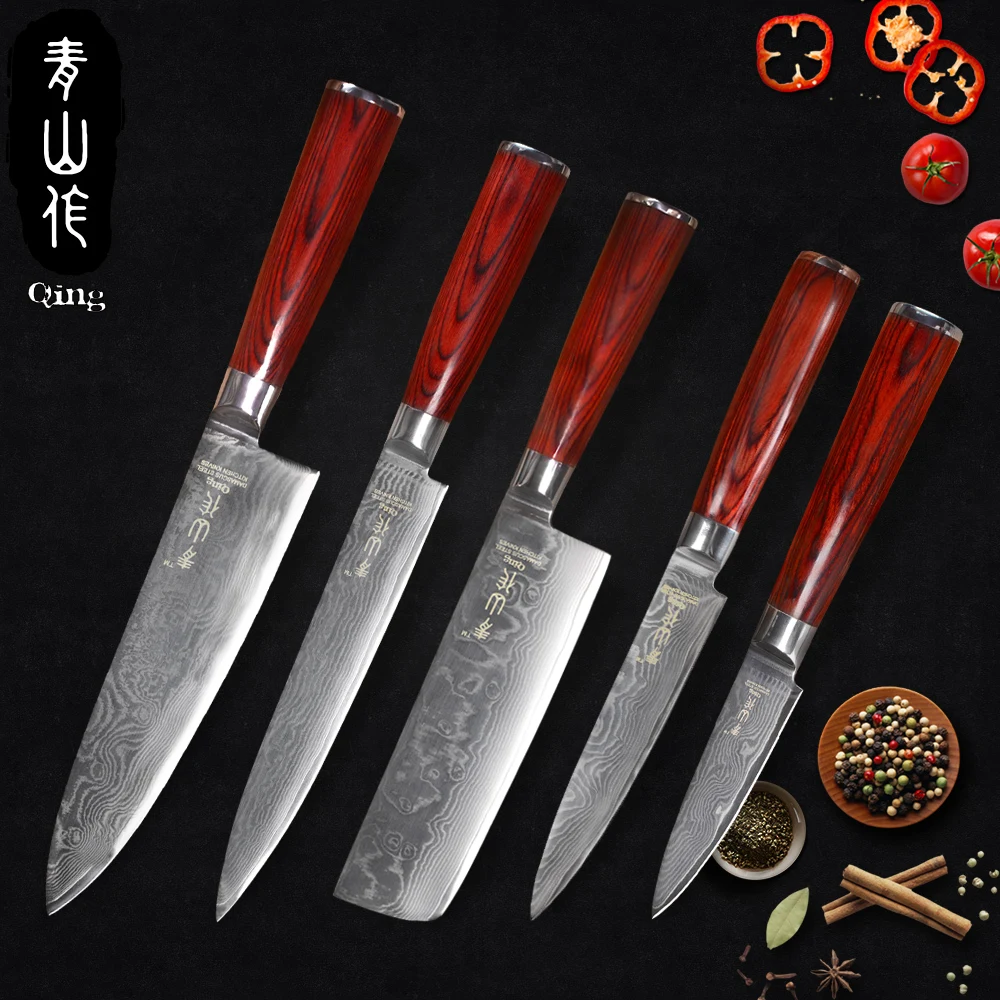 QING VG10 Damascus Kitchen Knives Set Handmade Kitchen Knives Brown Wood Handle Cooking Tools Meat Cleaver Germany Style Knives
QING VG10 Damascus Kitchen Knives Set Handmade Kitchen Knives Brown Wood Handle Cooking Tools Meat Cleaver Germany Style Knives