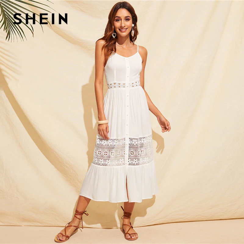 

SHEIN Guipure Lace Insert Bow Tie Back Cami Dress Women 2019 High Waist Boho White Sleeveless Spaghetti Strap Summer Dresses