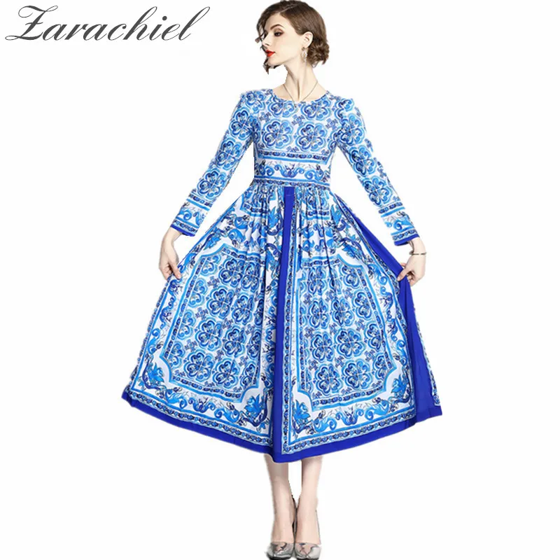 New 2019 Runway Chiffon Dress Women's Long Sleeve Vintage Blue and White Porcelain Print Fit Flare Long Dress Brand Maxi Dress
New 2019 Runway Chiffon Dress Women's Long Sleeve Vintage Blue and White Porcelain Print Fit Flare Long Dress Brand Maxi Dress