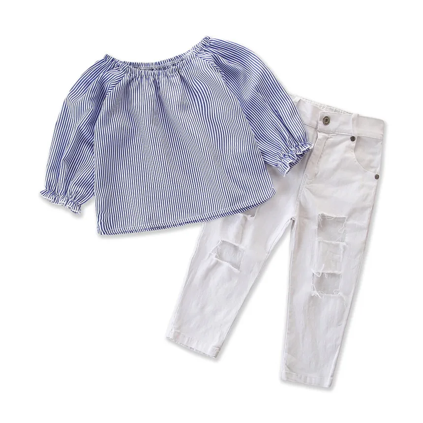 Toddler Kids Baby Girl Clothes Off Shoulder Stripe Tops Denim Broken Hole Pants Jeans Outfits Girls Clothing Set Children Outfit
Toddler Kids Baby Girl Clothes Off Shoulder Stripe Tops Denim Broken Hole Pants Jeans Outfits Girls Clothing Set Children Outfit