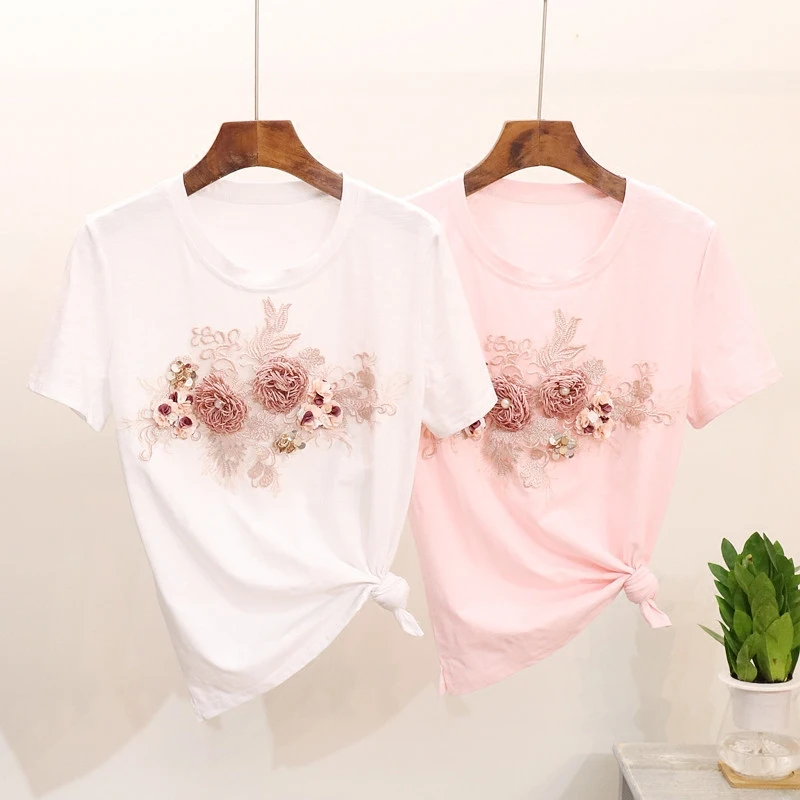 Floral T-shirt Women 2019 Spring Summer New Fashion Heavy Beads Embroidery Three-dimensional Flowers Short Sleeve Tees Shirts
Floral T-shirt Women 2019 Spring Summer New Fashion Heavy Beads Embroidery Three-dimensional Flowers Short Sleeve Tees Shirts