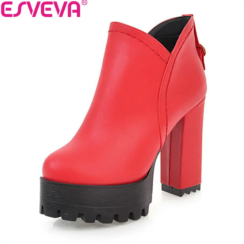 Image ESVEVA 2018 Spring Autumn Women Boots Sexy Square High Heel Zipper Ankle Boots Buckle Platform Motorcycle Boots White Size 34 43