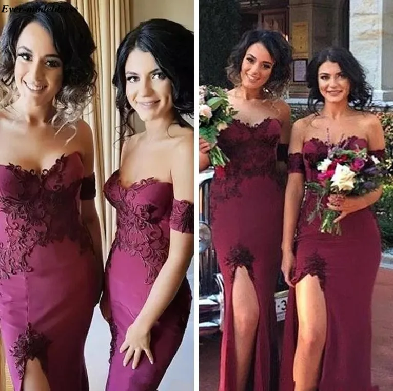 Burgundy Bridesmaid Dresses Long Sexy High Split Off Shoulder Lace Appliques Zipper Back Prom Party Gowns Wedding Guest Dresses
Burgundy Bridesmaid Dresses Long Sexy High Split Off Shoulder Lace Appliques Zipper Back Prom Party Gowns Wedding Guest Dresses