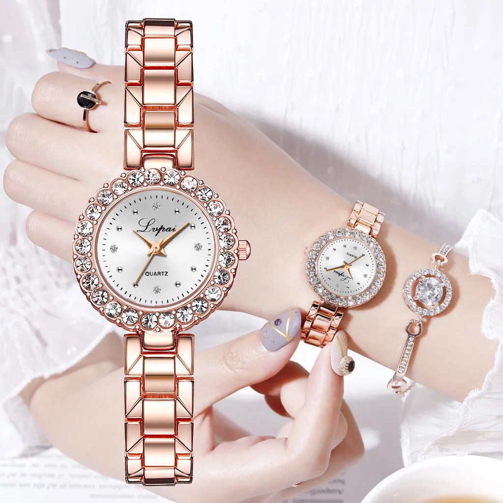 

2pcs Set Luxury Lvpai Brand Women Watches Rose Gold Diamond Bracelet Watch Luxury Jewelry Ladies Quartz Watch Dropshipping Watch