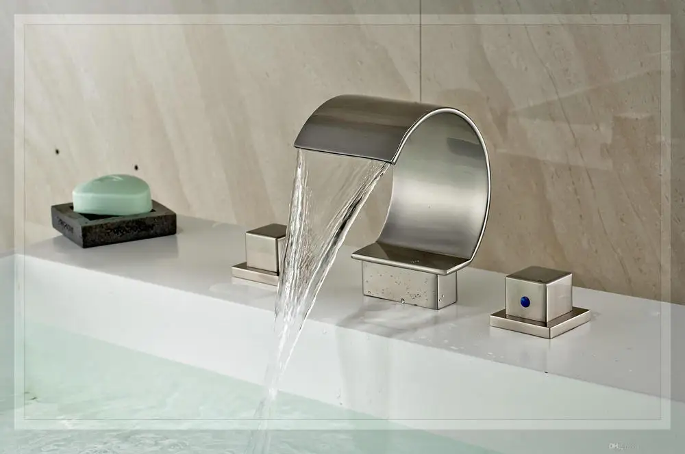 Dual Square Handles Bathroom Basin Faucet Deck Mounted Sink Mixer Nickel Brushed faucet kitchen led | Канцтовары для офиса и