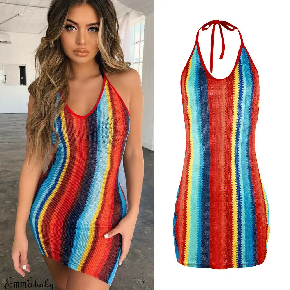 Women Sexy Slim Pecncil Dress Halterneck Stripe Blackless Mini Dress Ladies Bodycon Evening Party Dresses Clubwear Hot 2019
Women Sexy Slim Pecncil Dress Halterneck Stripe Blackless Mini Dress Ladies Bodycon Evening Party Dresses Clubwear Hot 2019