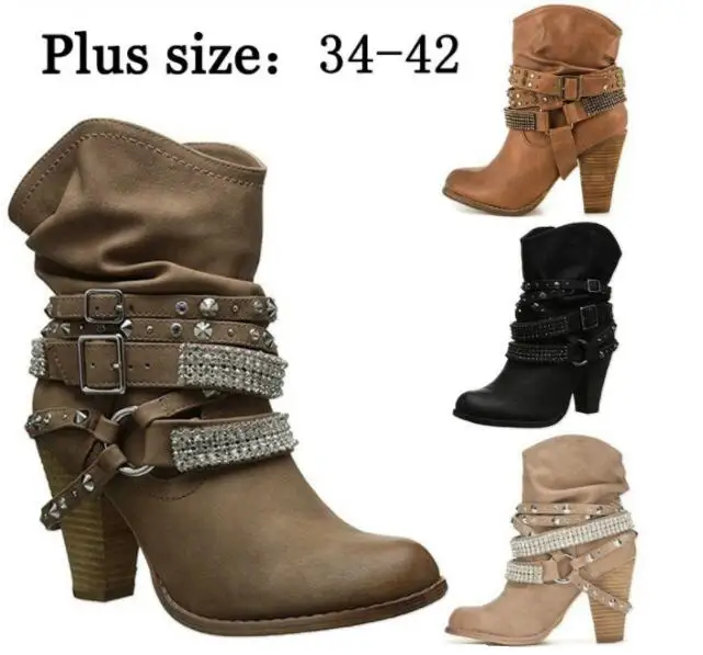 2018 New Short Boots High Heel Thick with Belt Buckle Women's Shoes Round Head Large Size Boots EU SIZE 35-43