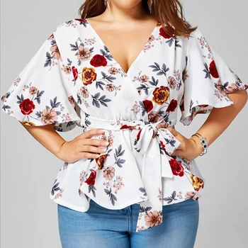 

Women Blouse Plus Size 5XL Sexy V Neck Floral Print Flare Sleeve Belted Surplice Peplum Tops And Blouse Lace Up Blusas Feminina