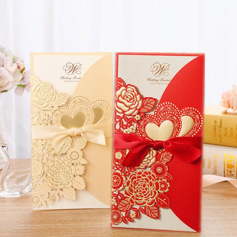 Laser Cut Wedding Invitations Gold 50pcs Elegant Lace Flower Heart Ribbon Decoration Red Wedding Invitation Cards with Envelopes
Laser Cut Wedding Invitations Gold 50pcs Elegant Lace Flower Heart Ribbon Decoration Red Wedding Invitation Cards with Envelopes