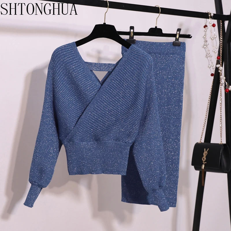 SHTONGHUA 2019 Autumn Ice silk knitted 2 piece set women lantern sleeve v neck sweater elastic waist knitted skirt sweater suit
SHTONGHUA 2019 Autumn Ice silk knitted 2 piece set women lantern sleeve v neck sweater elastic waist knitted skirt sweater suit