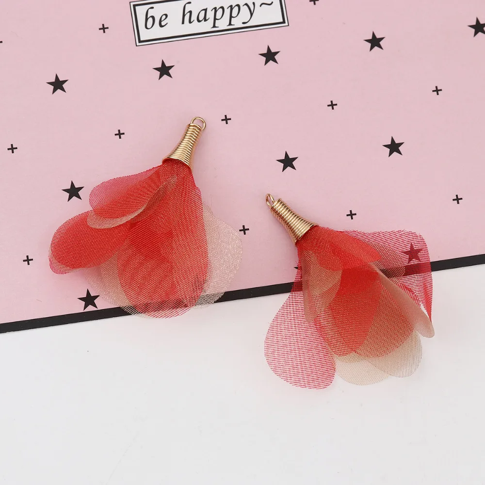 DoreenBeads Organza Tassel Pendants Flower Gold Color Red DIY Findings About 5cm x4.5cm - 4.5cm x4cm(1 6/8" x1 5/8") 20 PCs |
