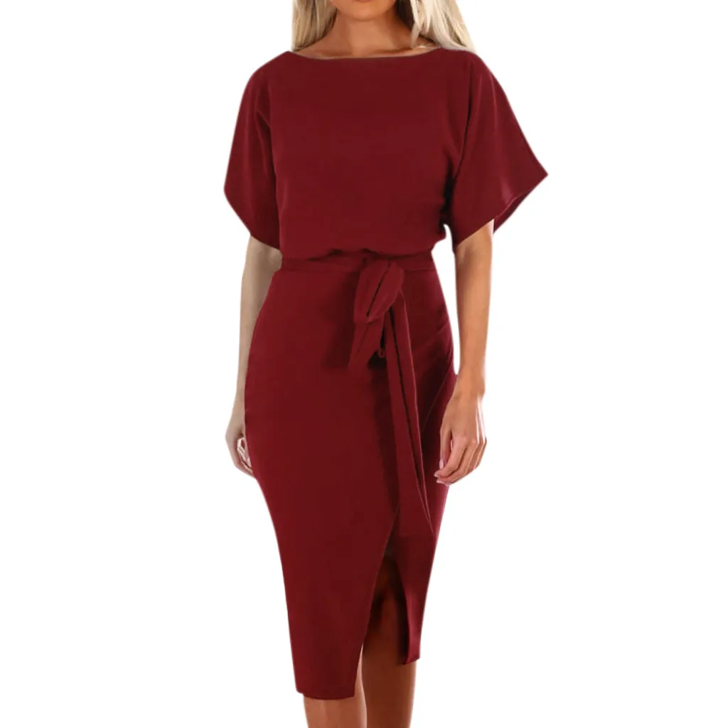 Women Elegant belt chemise red dress Summer Short Sleeve Wrap Dress Plain Tie Wasit Slim solid Ladies Dresses vestidos 2019 | Женская