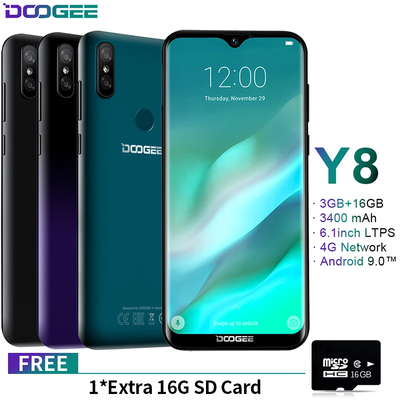 

DOOGEE Y8 Android 9.0 FDD LTE 6.1inch 19:9 Waterdrop LTPS Screen Smartphone MTK6739 3GB RAM 16GB ROM 3400mAh Dual SIM 8.0MP NEW