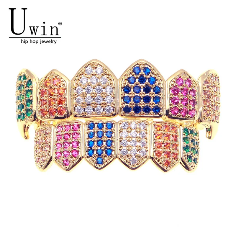 UWIN Hip Hop Rainbow Iced Out AAA Zircon Micro Pave Teeth Grills Caps Top & Bottom Colorful Set Men Women Fashion Jewelry | Украшения и