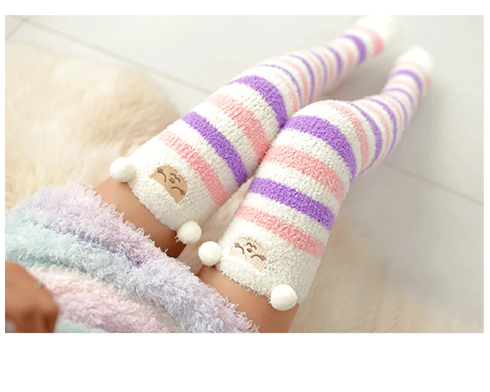 2019 New Winter Coral Velvet Knee Pads Ladies Cute Comfortable Thick Warm Towel Leggings Women's Stockings Striped Sleeping Sock (9)