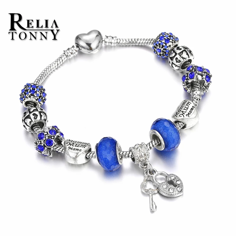 Hot Sale Blue Glass Crystal Beads Charms Bracelet & Bangle Heart Lock Key Tortoise Pendant Bracelets For Women Diy Jewelry Gifts |